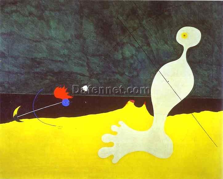 Inspired by Joan Miró’s Person Throwing a Stone at a Bird – Abstract Surrealist Oil on Canvas (73.7 x 92 cm)