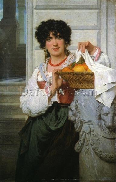 Hand-Painted Pierre-Auguste Cot ‘Pisan Girl with Basket of Oranges and Lemons’ Oil Painting – Classical Genre Art on Canvas from Dafen Village Studio