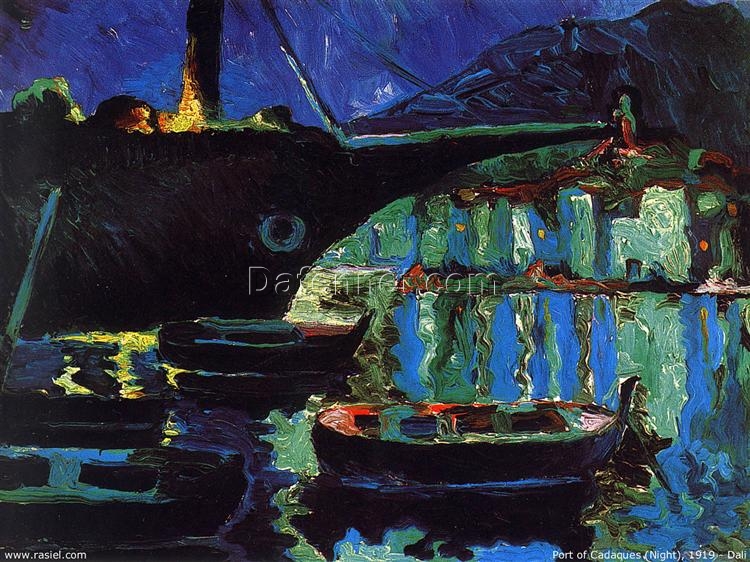 Post-Impressionism-Inspired Port of Cadaqués (Night) by Salvador Dalí – Early 20th Century Marina Painting