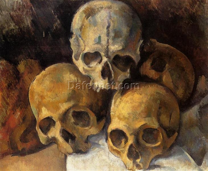 Pyramid of Skulls” by Paul Cézanne – 1900 Post-Impressionist Oil Painting Vanitas Still Life