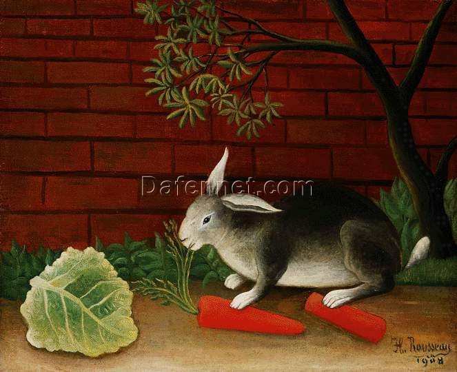 Hand-painted Henri Rousseau Rabbit – 1908 Naïve Art Animal Painting | Canvas Reproduction of a Playful Wildlife Portrait