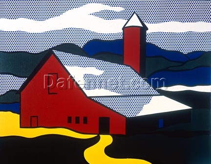 Pop Art Landscape Painting Inspired by Roy Lichtenstein – ‘Red Barn II’ (1969) – Fine Art Oil on Canvas Reproduction