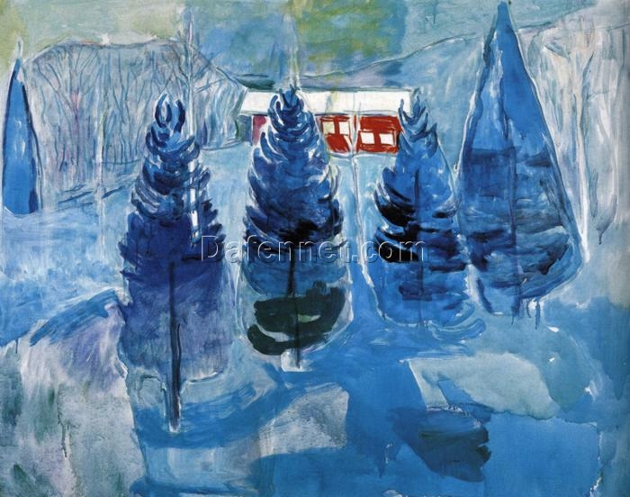 Red House and Spruces by Edvard Munch – 1927 Expressionist Landscape Oil Painting Reproduction