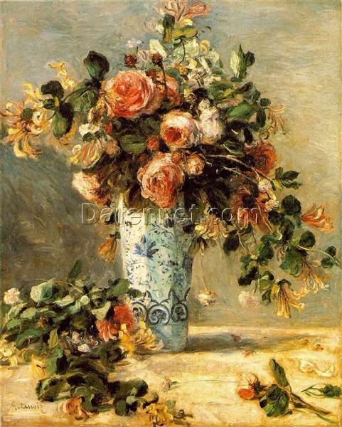 Hand-Painted Oil Reproduction of Pierre-Auguste Renoir’s ‘Roses and Jasmine in a Delft Vase’ (1880-1881) – Impressionist Flower Painting