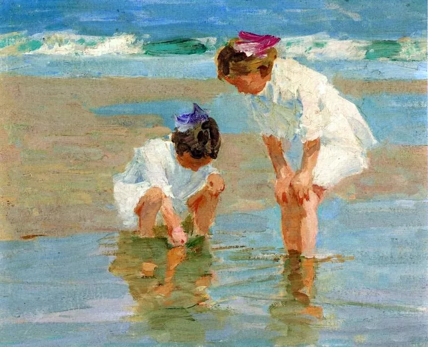 Impressionist Seaside Painting – Girls Playing in Surf by Edward Henry Potthast, High-Quality Replica