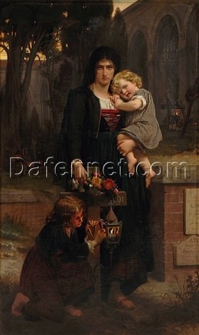 Hand-Painted Pierre-Auguste Cot ‘Sa Mère Avec Ses Deux Enfants à La Tombe Du Père’ Oil Painting – Emotional Genre Art on Canvas from Dafen Village Studio