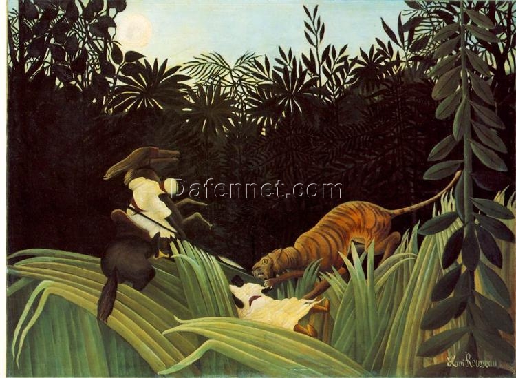 Hand-painted Henri Rousseau Scout Attacked by a Tiger – 1904 Naïve Art Wildlife Oil Painting | Canvas Reproduction of Jungle Drama