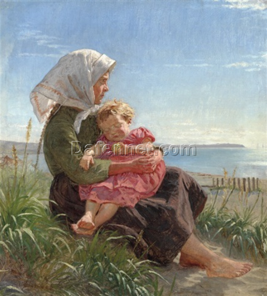 Peder Severin Kroyer – 1880s “A Small Barefoot Fisher Girl Sitting by Hornbæk Beach” | Realist Oil Painting Reproduction