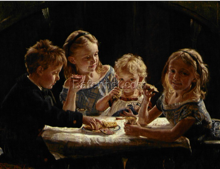 Børnegruppe by Peder Severin Kroyer – 1877 Portraits of Children at Lunch | Realism Oil Painting Reproduction