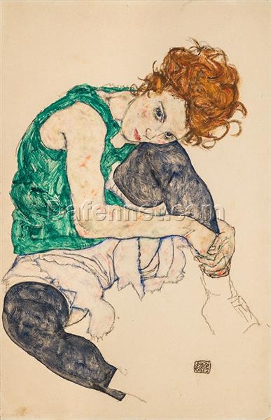 Egon Schiele’s 1917 Masterpiece – Seated Woman with Bent Knee, Handcrafted Expressionism Art