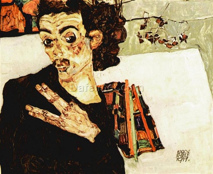 Expressionist Self-Portrait Oil Painting ‘Self-Portrait with Black Vase and Spread Fingers’ – Egon Schiele 1911