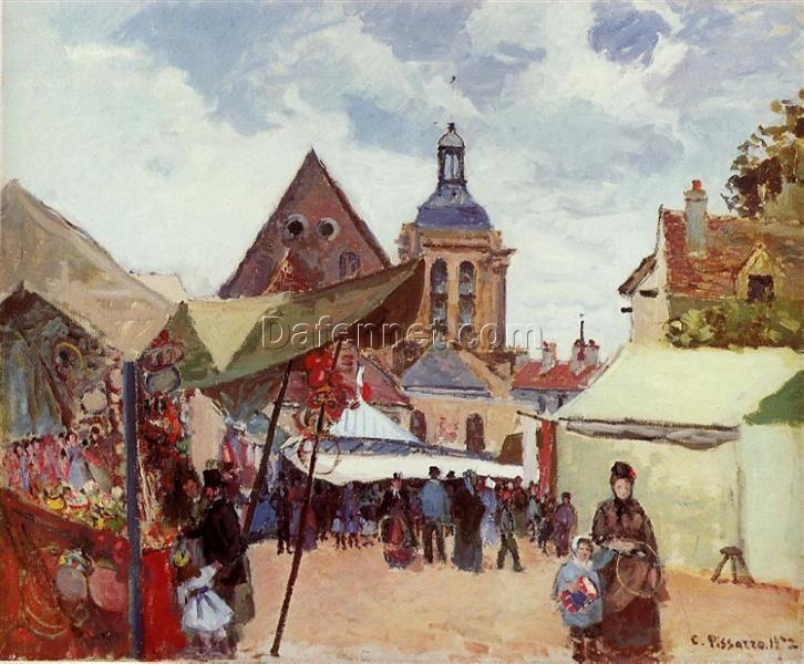 September Fête, Pontoise” – 1872 Camille Pissarro Painting – Impressionist Rural Festivity