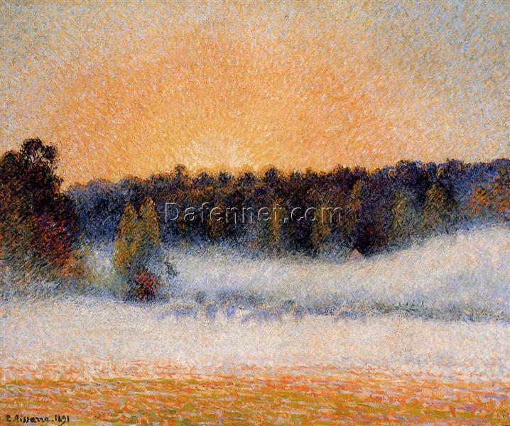 Setting Sun and Fog, Eragny” (1891) – Pissarro’s Pointillism Oil Painting on Canvas