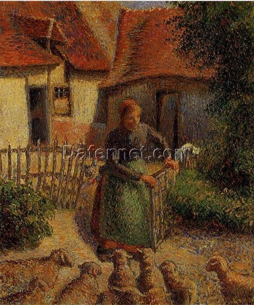 Shepherdess Bringing in Sheep” by Camille Pissarro – 1886 Oil Painting of Rural Life