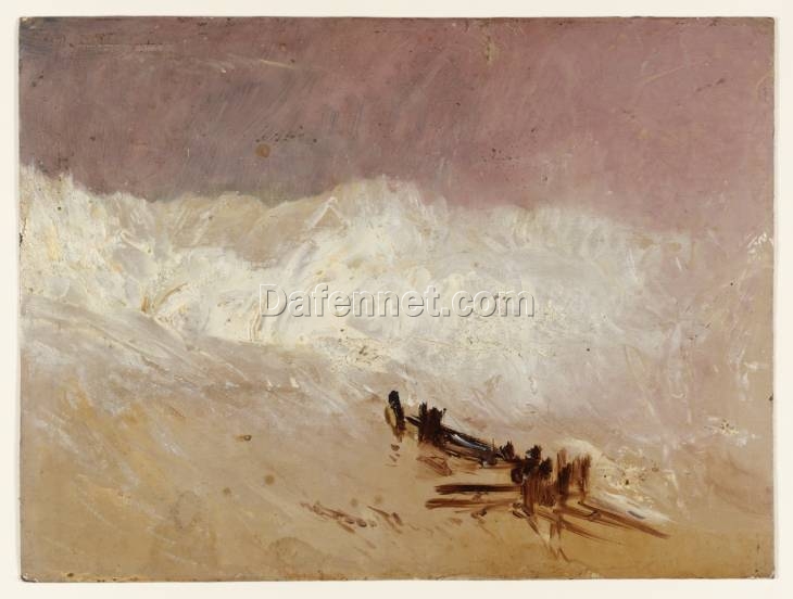 J.M.W. Turner Oil Painting – Shore Scene with Waves and Breakwater, c.1835, Romantic Marina Art