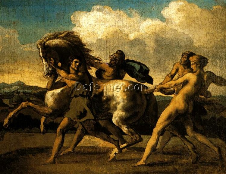 Théodore Géricault Slaves Stopping a Horse – Study for The Race of the Barbarian Horses, Romanticism Oil Reproduction on Canvas