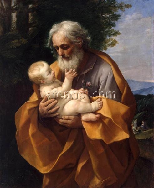 Hand-Painted Baroque Art – St. Joseph with the Infant Jesus by Guido Reni, Religious Masterpiece Reproduction