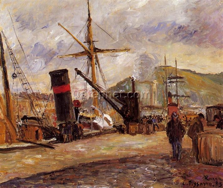 Steamboats at the Port” – 1883 Cityscape Oil Painting by Camille Pissarro