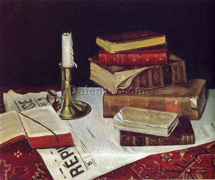 Henri Matisse Inspired Realist Still Life – ‘Still Life with Books and Candle’ (1890) – Hand-Painted Oil on Canvas