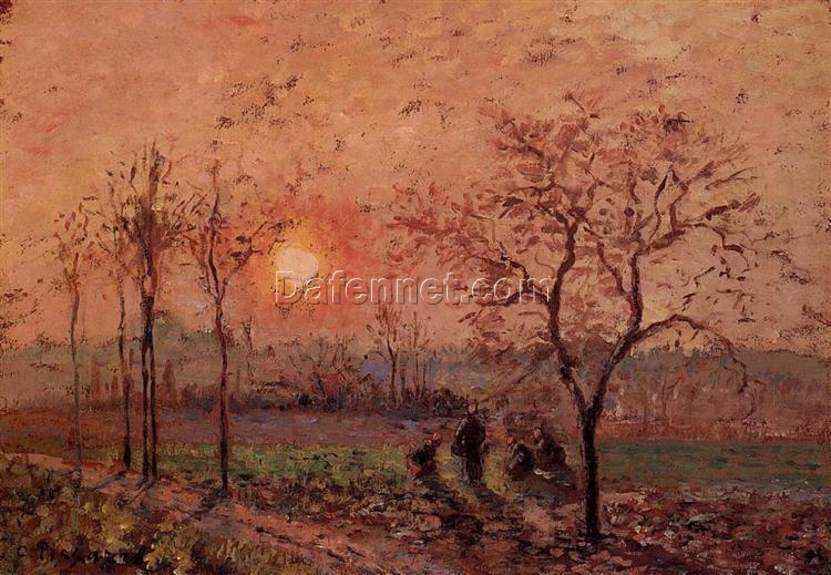 Sunset” by Camille Pissarro – 1872 Impressionist Oil Painting of a Peaceful Evening Landscape