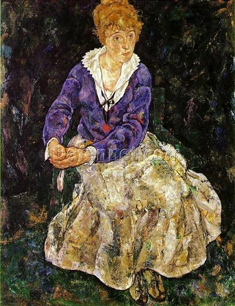 Egon Schiele The Artist’s Wife Seated Oil Painting – Expressionist Portrait Artwork, 1918