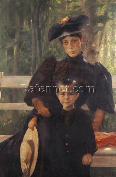 Realism Portrait: The Artist’s Wife with Their Son by Georgios Jakobides – Oil Reproduction on Canvas (1895)