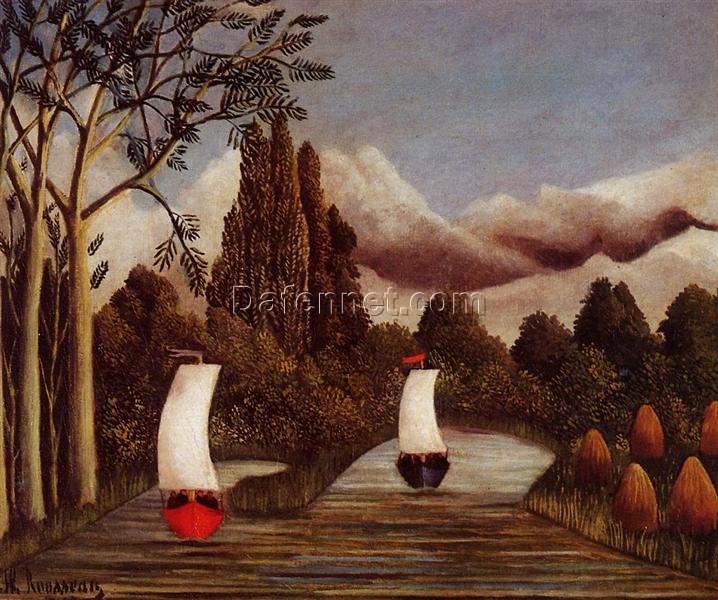 Hand-painted Henri Rousseau The Banks of the Oise – 1905 Naïve Art Landscape Oil Painting | Canvas Reproduction of River Tranquility