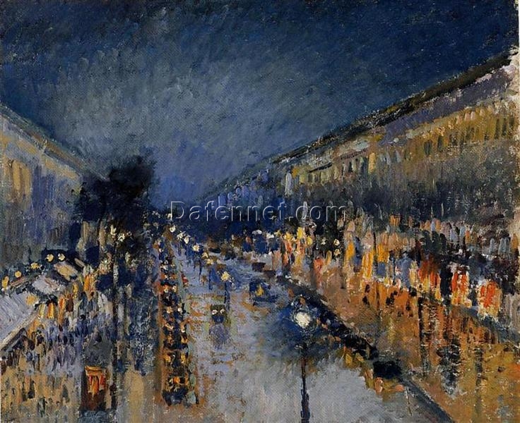 The Boulevard Montmartre at Night” (1897) – Parisian Cityscape Oil Painting by Camille Pissarro