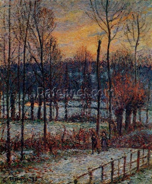 The Effect of Snow, Sunset, Eragny” – Winter Sunset Landscape Painting by Camille Pissarro (1895)