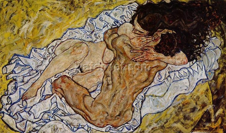 Egon Schiele The Embrace – 1917 Expressionist Oil Painting on Canvas, 98×169 cm