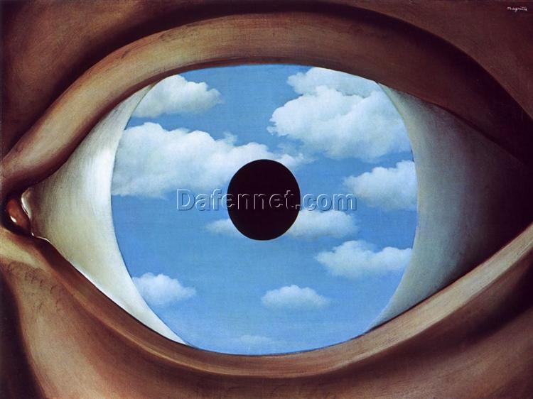 Surrealist Oil Painting Inspired by Magritte – ‘The False Mirror’ (1928), Hand-Painted Canvas Reproduction