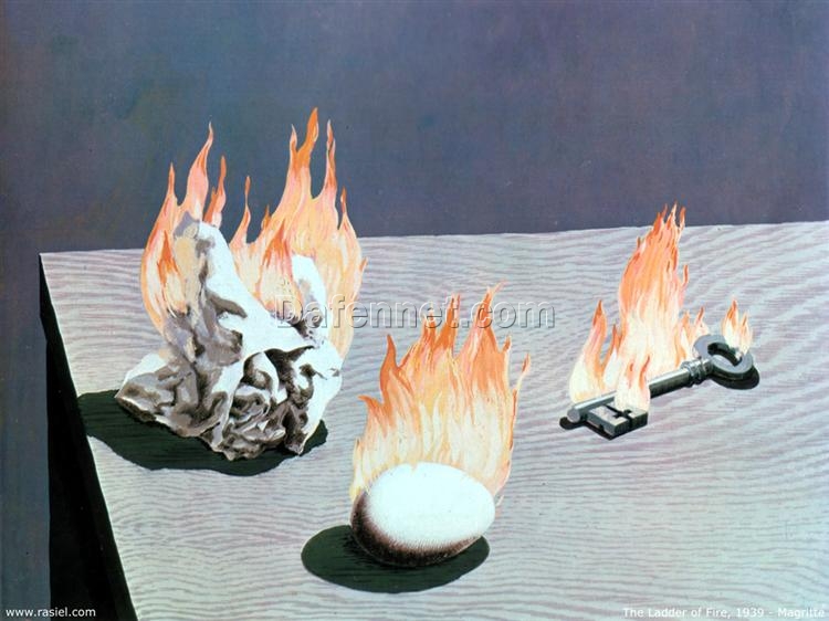 The Ladder of Fire Inspired by René Magritte – 1939 Surrealist Symbolic Oil Painting, Canvas