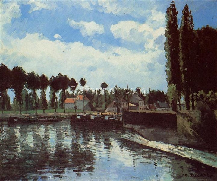 The Lock at Pontoise” by Camille Pissarro – 1869 Landscape Oil Painting, Impressionism