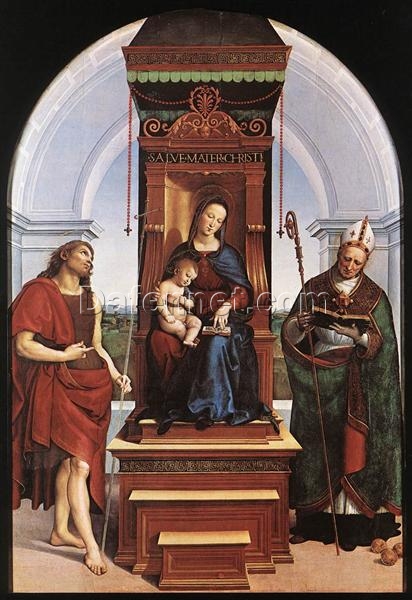 The Madonna and Child with St. John the Baptist and St. Nicholas of Bari” by Raphael (1505) | High Renaissance Oil on Panel