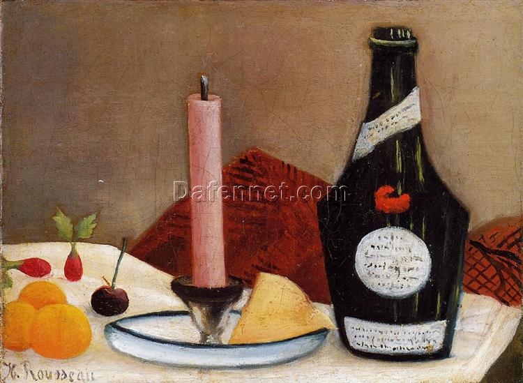 Hand-painted Henri Rousseau The Pink Candle – 1909-1910 Naïve Art Still Life Oil Painting | Canvas Reproduction of a Peaceful, Colorful Composition