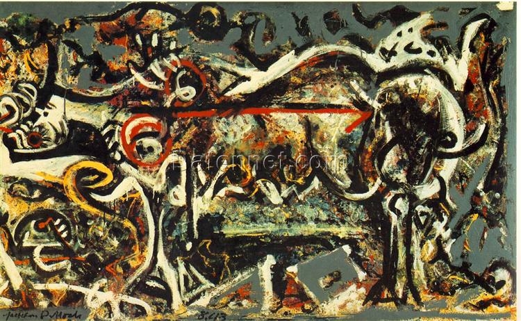 Inspired by Jackson Pollock’s The She-Wolf (1943) – Abstract Expressionist Gouache, Oil, and Pastel on Canvas (106.4 x 170.2 cm)