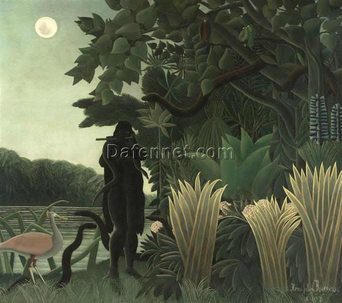 Hand-painted Henri Rousseau The Snake Charmer – 1907 Naïve Art Oil Painting | Canvas Reproduction of Exotic Genre Painting