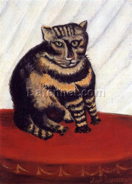 Hand-painted Henri Rousseau The Tabby – Naïve Art Oil Painting | Canvas Reproduction of a Whimsical Cat Portrait