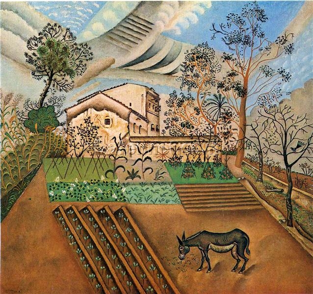 Hand-Painted Joan Miró The Vegetable Garden with Donkey – Cubism Landscape (1918) | Oil on Canvas Reproduction