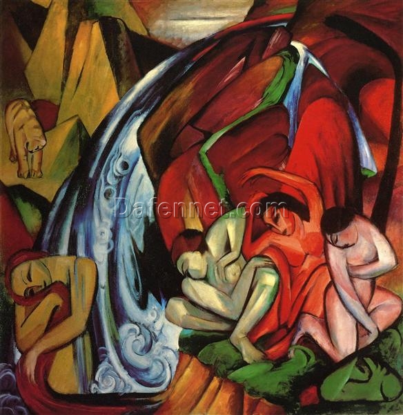 Franz Marc ‘The Waterfall’ Cubist Oil Painting – Abstract Genre Art on Canvas for Modern Home Décor