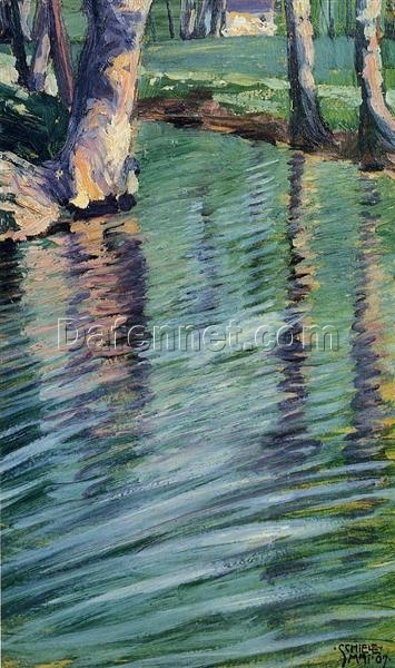 Egon Schiele Trees Mirrored in Pond – 1907 Oil Landscape Painting on Cardboard