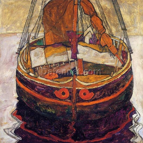 Trieste Fishing Boat” by Egon Schiele – Art Nouveau Marina Oil Painting