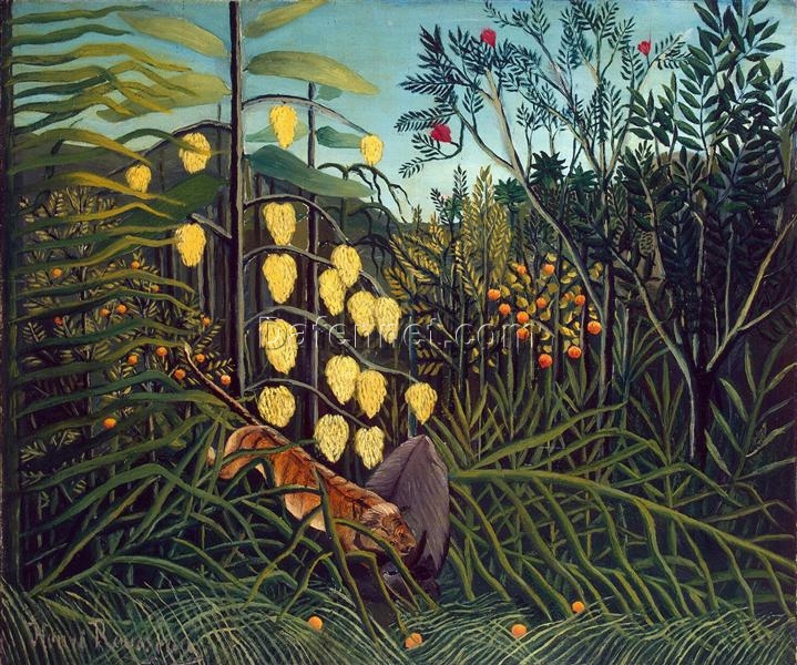 Hand-painted Henri Rousseau Tropical Forest: Battling Tiger and Buffalo – 1908 Naïve Art Wildlife Oil Painting | Canvas Reproduction