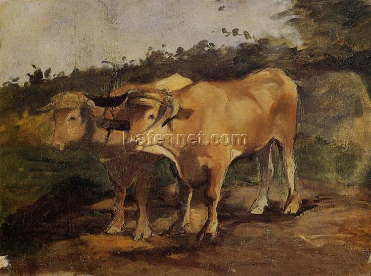 Two Bulls Wearing a Yoke by Henri de Toulouse-Lautrec – 1881 Realist Animal Oil Painting