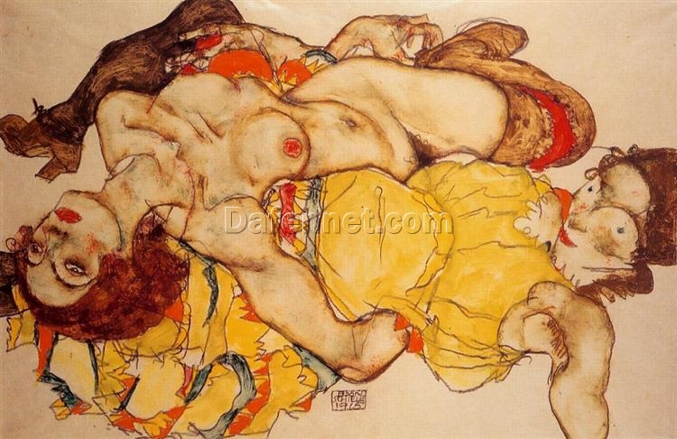 Two Girls Lying Entwined” by Egon Schiele – Emotional Expressionism Nude Art