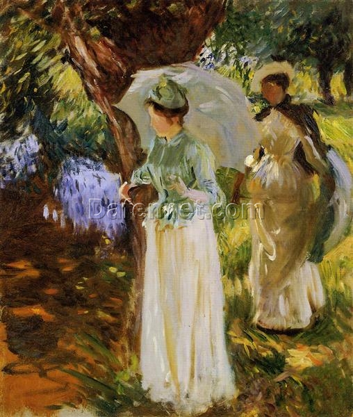 John Singer Sargent ‘Two Girls with Parasols at Fladbury’ Impressionist Oil Painting – Fine Art Reproduction on Canvas