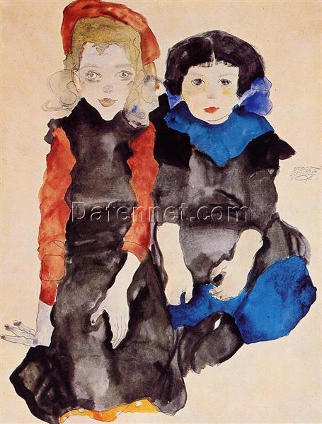 Egon Schiele Two Little Girls – 1911 Expressionist Watercolor Portrait on Paper