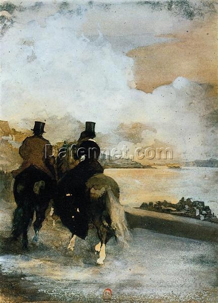 Impressionism Genre: Two Riders by a Lake by Edgar Degas – Pen and Ink Reproduction (c. 1861)