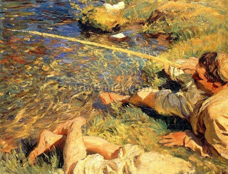 John Singer Sargent Oil Painting – Val d’Aosta. Man Fishing, c. 1907, Impressionist Genre