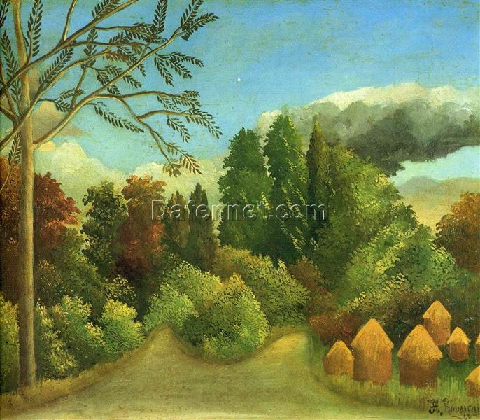 Hand-painted Henri Rousseau View of the Banks of the Oise – 1905-1906 Naïve Art Landscape Oil Painting | Canvas Reproduction of Peaceful Riverbank